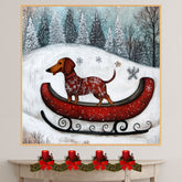 Festive Dachshund in Red Sleigh Winter Wonderland Art Whimsical Christmas Dog Illustration in Snowy Forest Scene for Holiday Pet Lovers and Seasonal Décor on Ready to Hang 1.5" Thick Canvas Wrap, Floating Framed Canvas, Flat Rolled Canvas